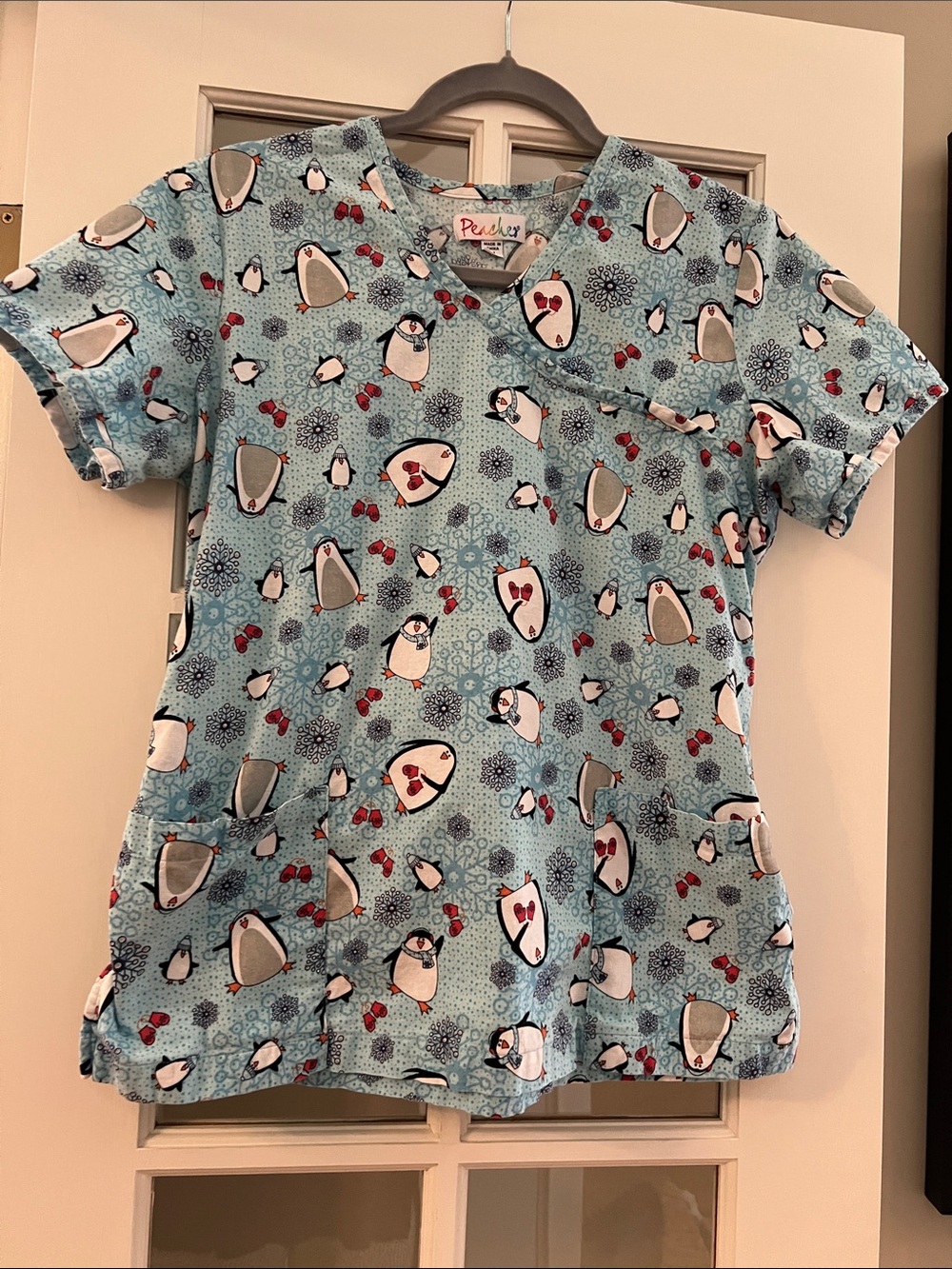 Peaches Uniforms Light Blue Penguin Print Scrub Top